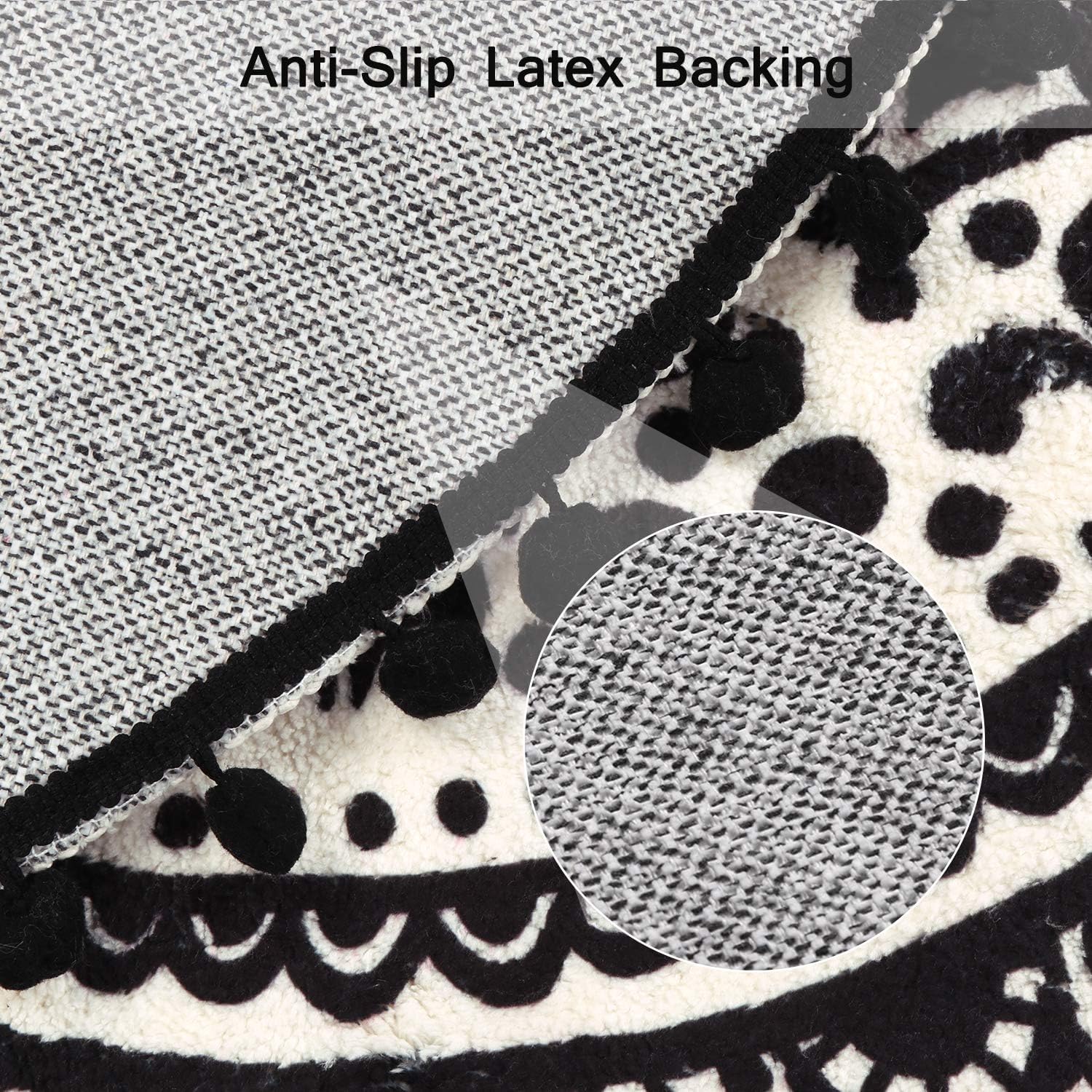 Uphome Boho Round Rug for Bedroom 3' Circle Beige and Black Bathroom Rug with Pom Poms Fringe Washable Mandala Accent Throw Rugs Non-Slip Soft Floor Mat for Entryway Living Room Sofa Kids Room Nursery